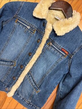 Roxy Girl Jean Y2K Faux Fur-Lined Denim Jacket w/Snap Front & Zip Chest Pockets